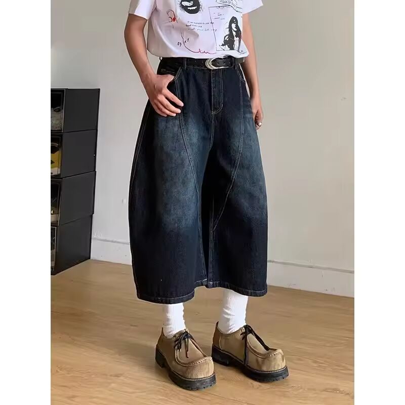Retro American Embroidered Letter Cut-off Jeans Loose Wide Leg Casual Men's Trousers Seven-Foot Length Fashionable Shorts