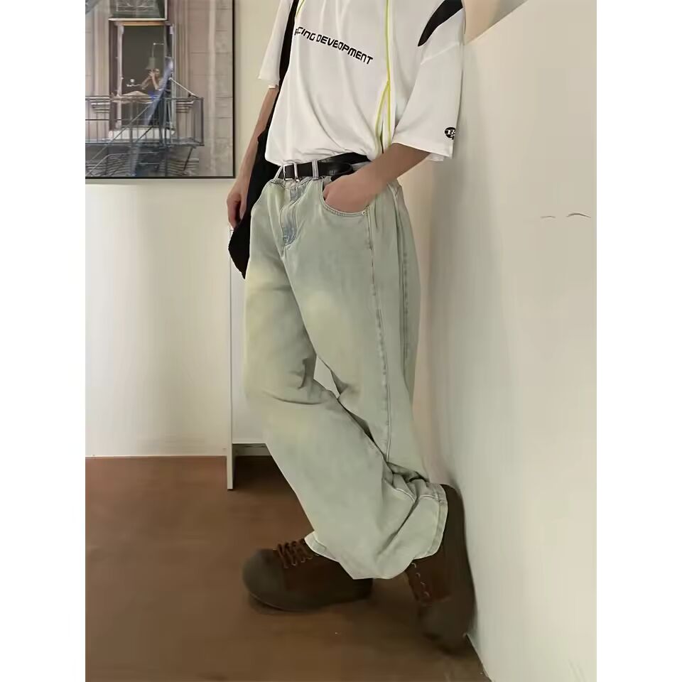 Washed Loose Wide Leg Jeans Neutral Style Deserted Straight Cut Long Trousers Summer New Arrival Men's Casual Fashion
