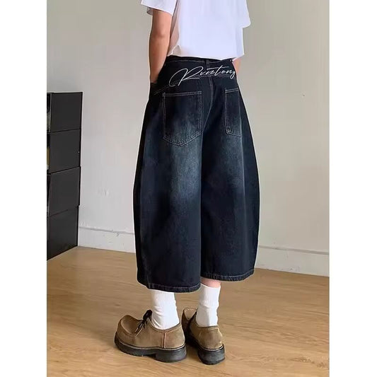 Retro American Embroidered Letter Cut-off Jeans Loose Wide Leg Casual Men's Trousers Seven-Foot Length Fashionable Shorts
