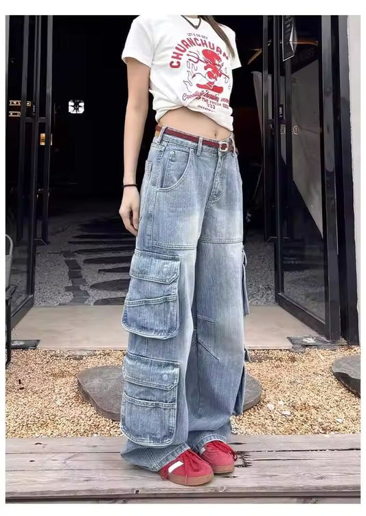 WCFCX STUDIO Multi-pocket Design High-street Cargo Pants Women 2025 Wide-leg Washable High-waisted Jeans Y2K Baggy Trousers